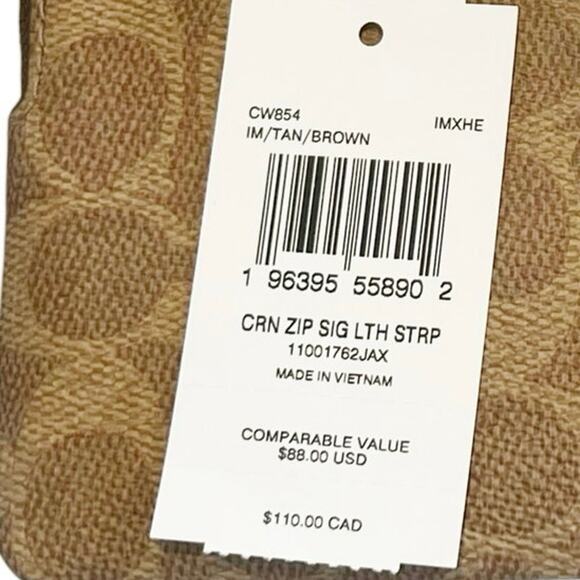 Coach Corner Zip Signature Canvas with Leather Stripe Bag Tan Brown One Size NWT - Picture 11 of 12